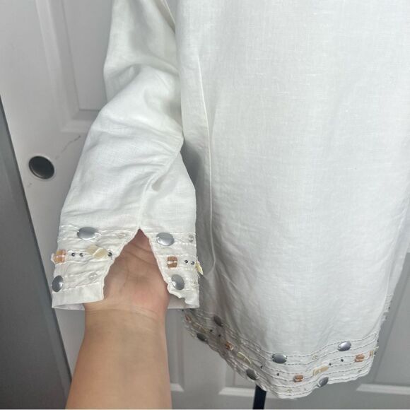 Sz M Gretchen Scott Linen Blend White Shell& Rock Embellished 3/4 Sleeve Blouse - Picture 5 of 16